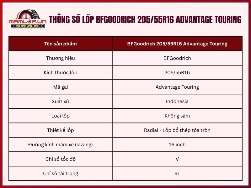 Thông số kỹ thuật vỏ xe BFGoodrich 205/55R16 Advantage Touring