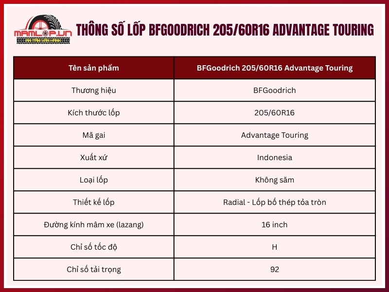Thông số kỹ thuật vỏ xe BFGoodrich 205/60R16 Advantage Touring