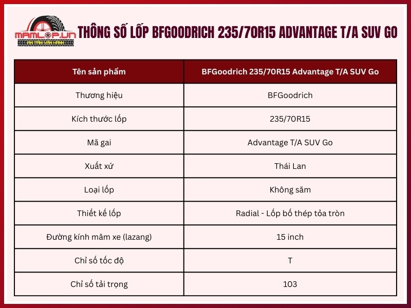 Thông số kỹ thuật vỏ BFGoodrich 235/70R15 Advantage T/A SUV Go
