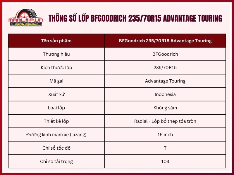 Thông số kỹ thuật lốp BFGoodrich 235/70R15 Advantage Touring