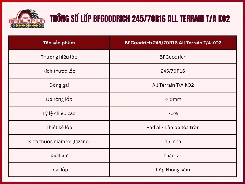 Thông số kỹ thuật vỏ xe BFGoodrich 245/70R16 All Terrain T/A KO2