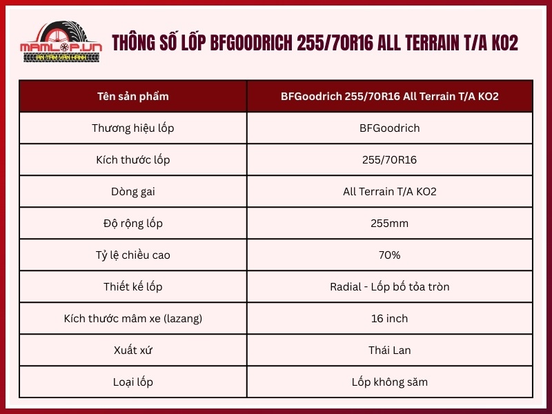 Thông số kỹ thuật vỏ BFGoodrich 255/70R16 All Terrain T/A KO2