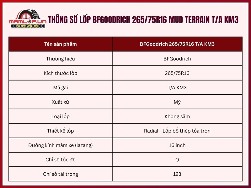 Thông số kỹ thuật vỏ BFGoodrich 265/75R16 Mud Terrain T/A KM3
