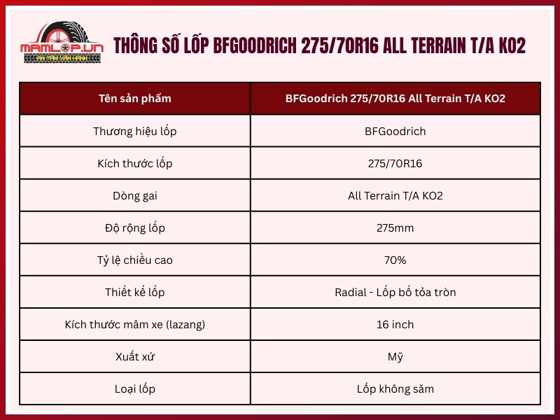 Thông số kỹ thuật lốp BFGoodrich 275/70R16 All Terrain T/A KO2