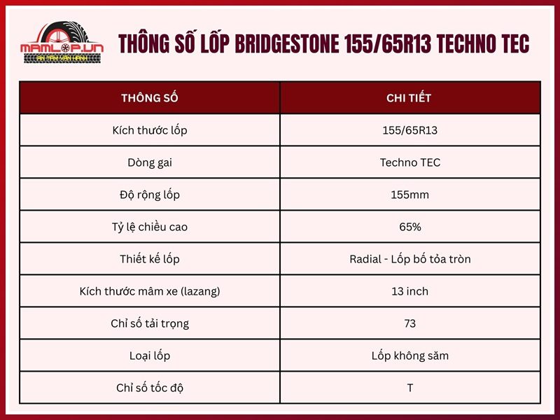 Thông số kỹ thuật của vỏ xe ô tô Bridgestone 155/65R13 Techno TEC