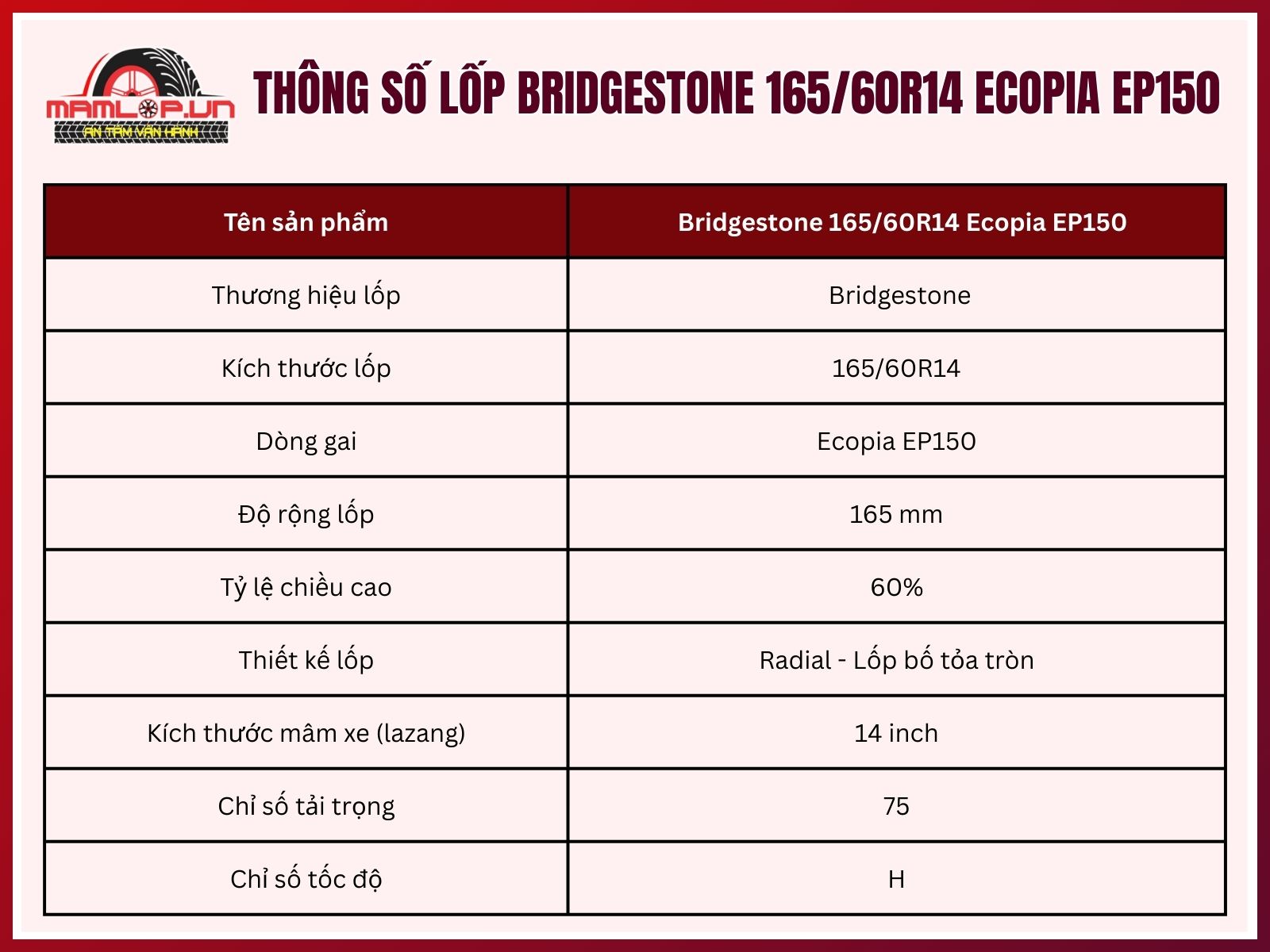 Thông số lốp xe ô tô Bridgestone 165/60R14 Ecopia EP150