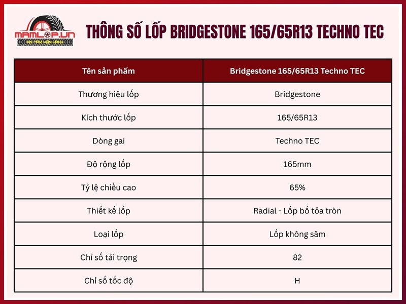 Lốp Bridgestone 165/65R13 Techno TEC Thông số kỹ thuật của vỏ xe Bridgestone 165/65R13 Techno TEC