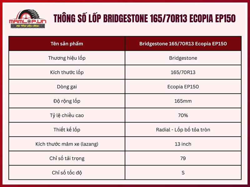Thông số kỹ thuật vỏ ô tô Bridgestone 165/70R13 Ecopia EP150