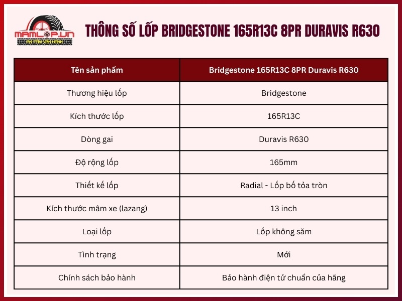 Lốp Bridgestone 165R13C 8PR Duravis R630 Thông số kỹ thuật của vỏ ô tô Bridgestone 165R13C 8PR Duravis R630