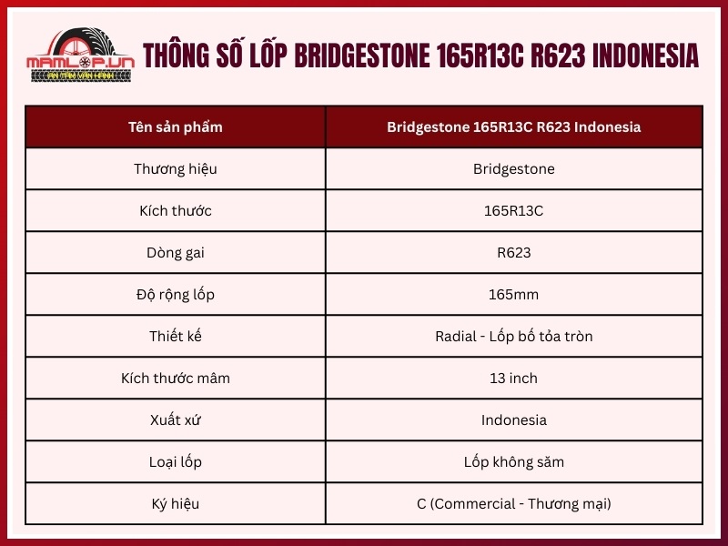 Lốp Bridgestone 165R13C R623 Indonesia Thông số kỹ thuật lốp ô tô Bridgestone 165R13C R623 Indonesia