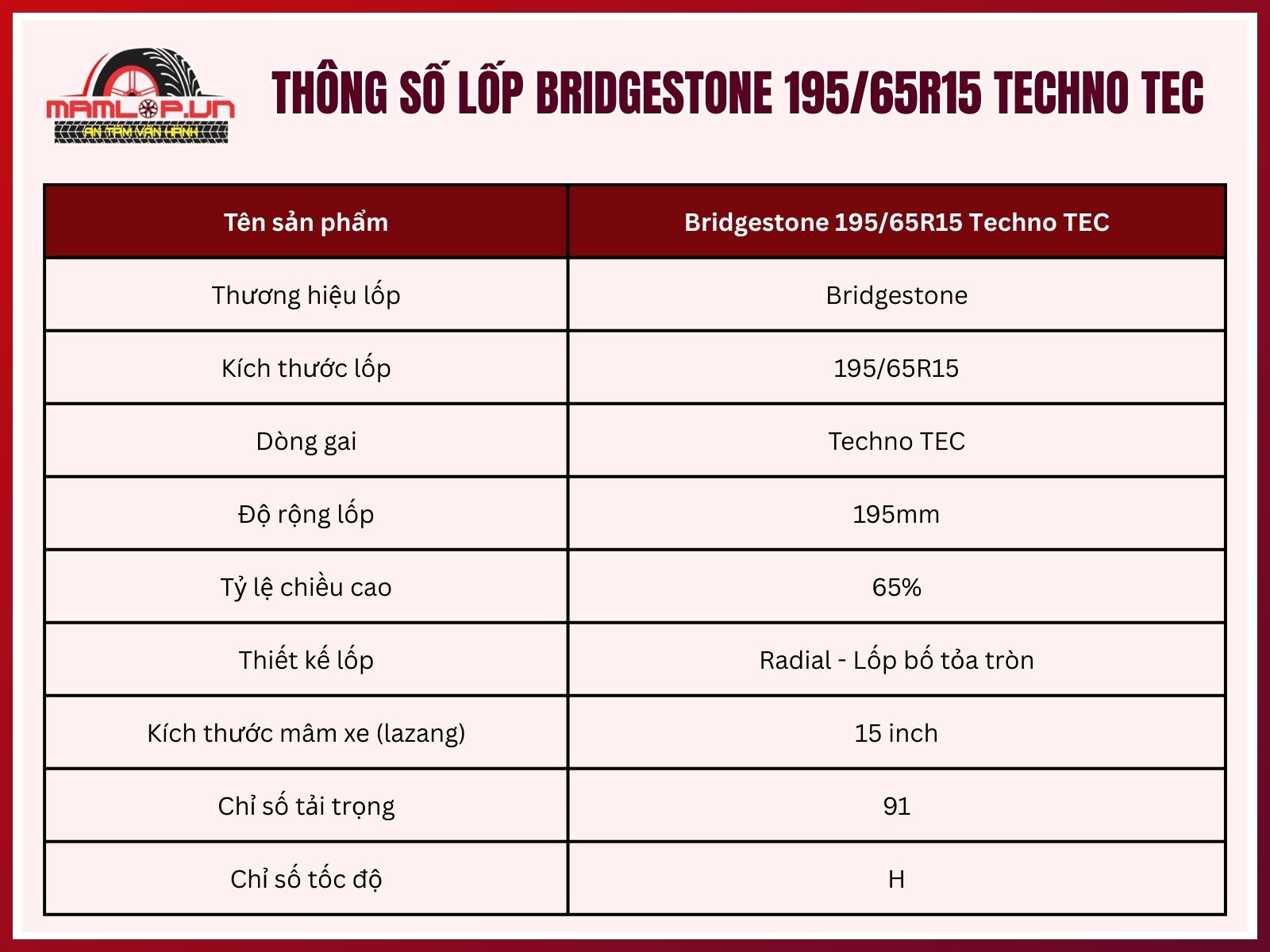 Thông số kỹ thuật lốp xe ô tô Bridgestone 195/65R15 Techno TEC
