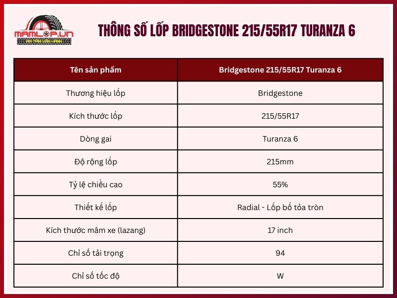 Thông số kỹ thuật vỏ ô tô Bridgestone 215/55R17 Turanza 6