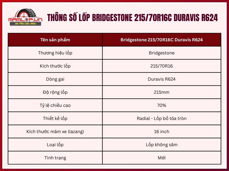 Thông số kỹ thuật lốp xe Bridgestone 215/70R16C Duravis R624