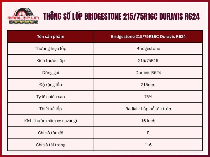 Thông số kỹ thuật lốp Bridgestone 215/75R16C Duravis R624