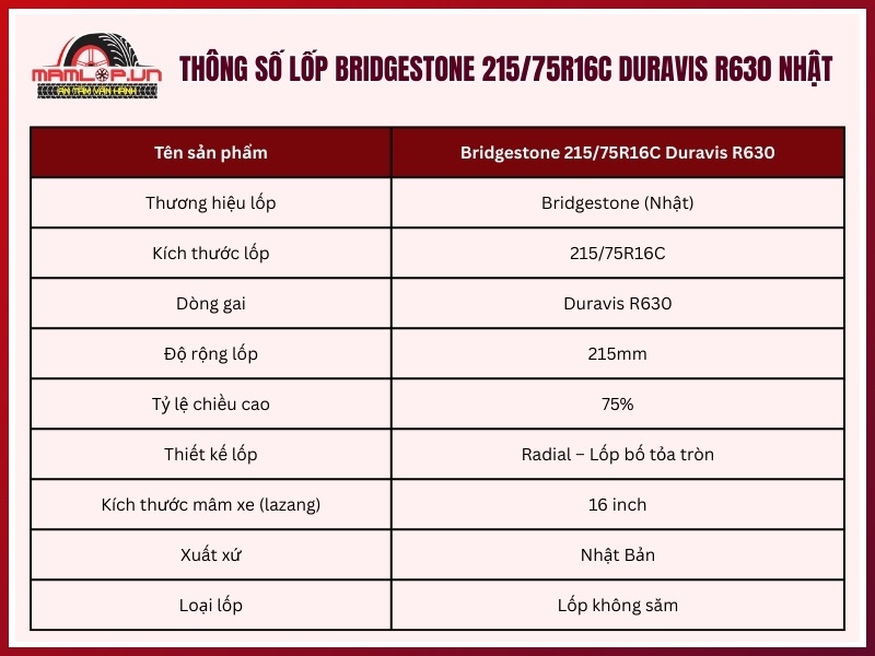 Thông số kỹ thuật lốp Bridgestone 215/75R16C Duravis R630 Nhật