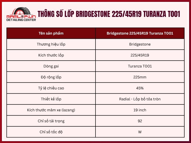 Thông số lốp xe Bridgestone 225/45R19 Turanza T001