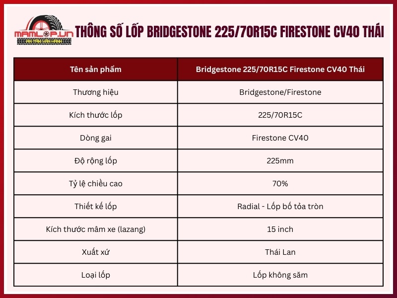 Thông số kỹ thuật của vỏ xe Bridgestone 225/70R15C Firestone CV40 Thái