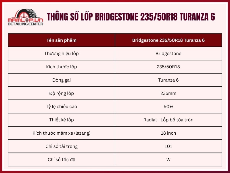 Thông số lốp xe Bridgestone 235/50R18 Turanza 6