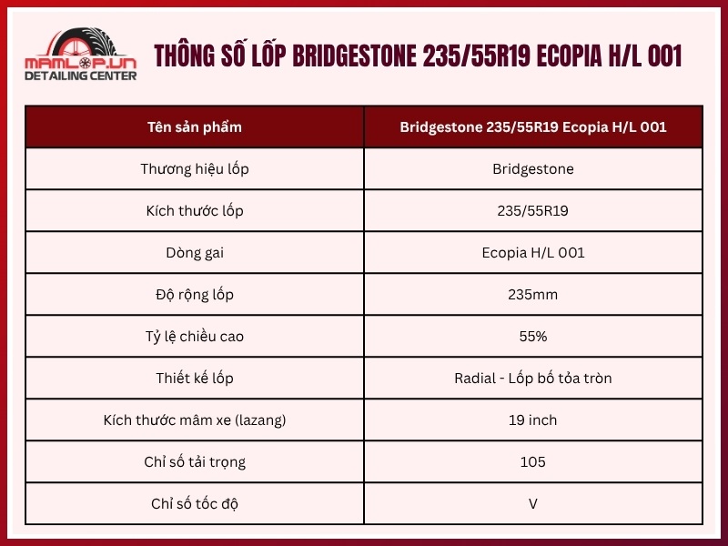 Thông số vỏ xe Bridgestone 235/55R19 Ecopia H/L 001