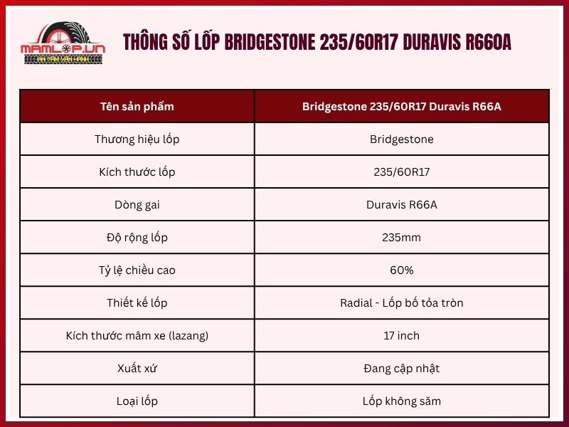 Thông số kỹ thuật lốp xe Bridgestone 235/60R17 Duravis R660A