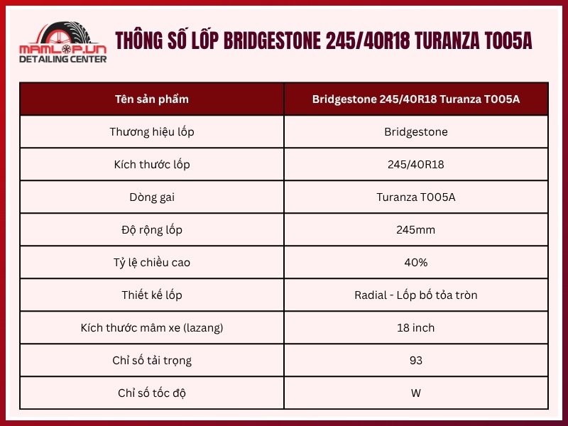 Thông số lốp xe Bridgestone 245/40R18 Turanza T005A