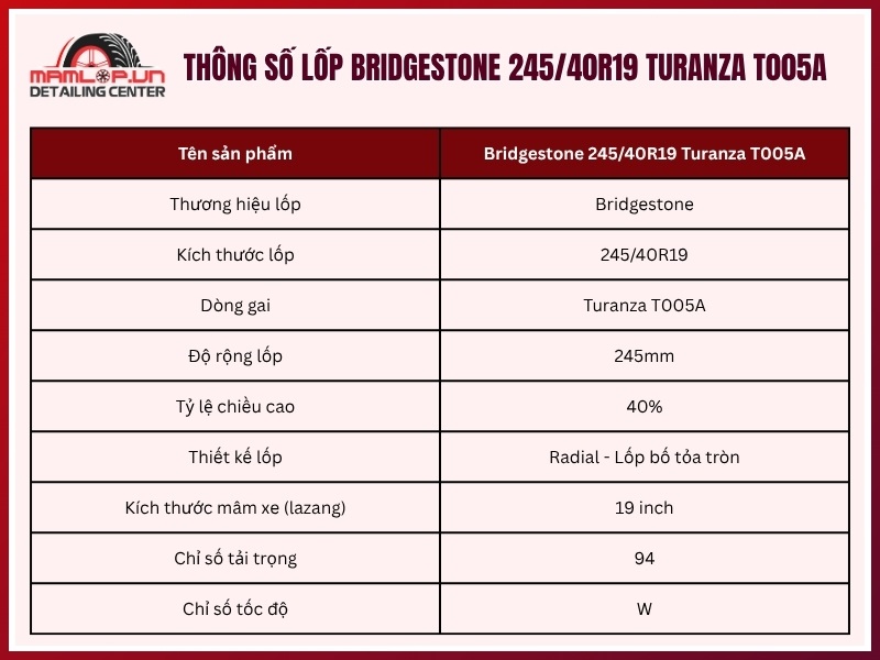 Thông số vỏ xe Bridgestone 245/40R19 Turanza T005A