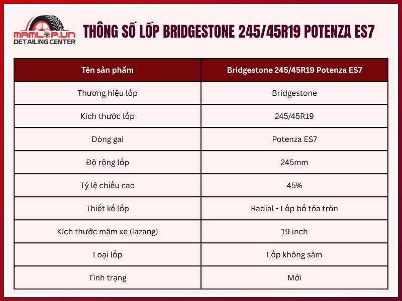Thông số vỏ xe Bridgestone 245/45R19 Potenza ES7