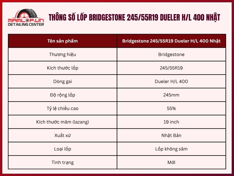 Thông số lốp Bridgestone 245/55R19 Dueler H/L 400 Nhật