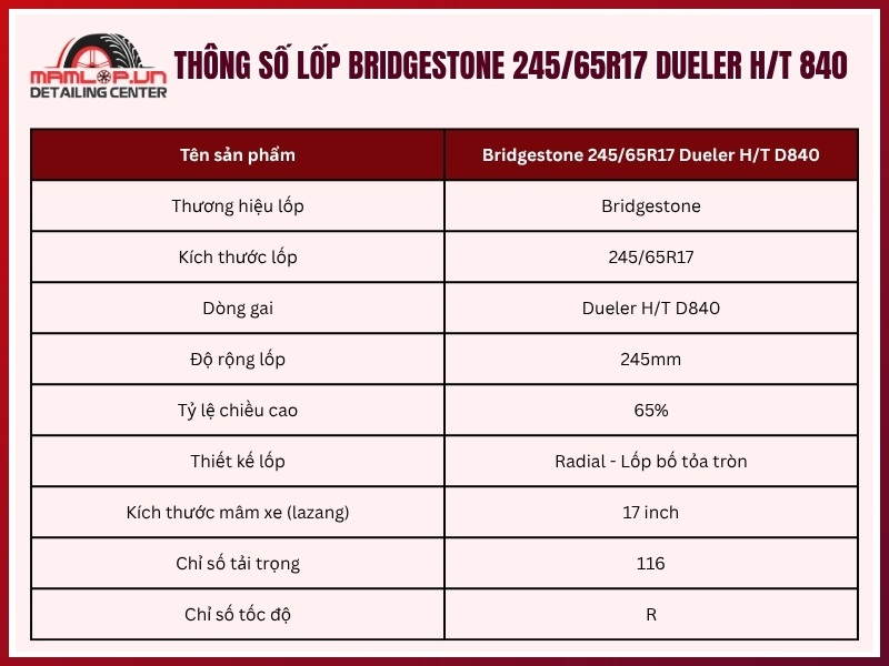 Thông số kỹ thuật vỏ Bridgestone 245/65R17 Dueler H/T 840