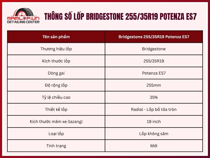 Thông số vỏ xe Bridgestone 255/35R19 Potenza ES7