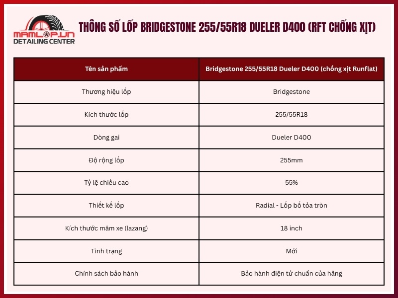 Thông số lốp xe Bridgestone 255/55R18 Dueler D400 (RFT chống xịt)