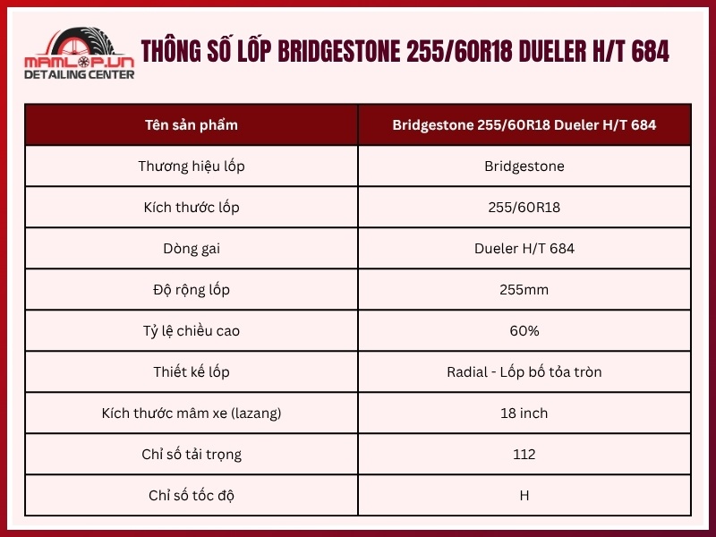 Thông số vỏ xe Bridgestone 255/60R18 Dueler H/T 684