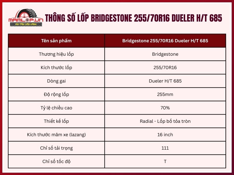 Thông số kỹ thuật vỏ Bridgestone 255/70R16 Dueler H/T 685