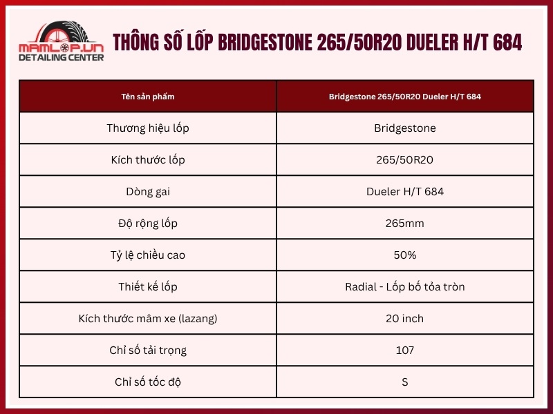 Thông số vỏ xe Bridgestone 265/50R20 Dueler H/T 684
