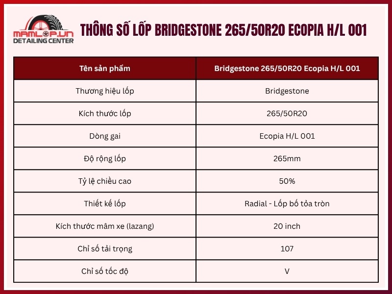 Thông số vỏ xe Bridgestone 265/50R20 Ecopia H/L 001