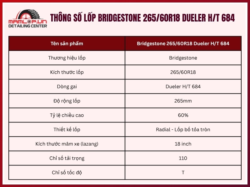 Thông số vỏ xe Bridgestone 265/60R18 Dueler H/T 684