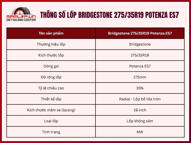 Thông số vỏ xe Bridgestone 275/35R19 Potenza ES7