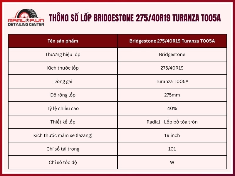 Thông số lốp ô tô Bridgestone 275/40R19 Turanza T005A