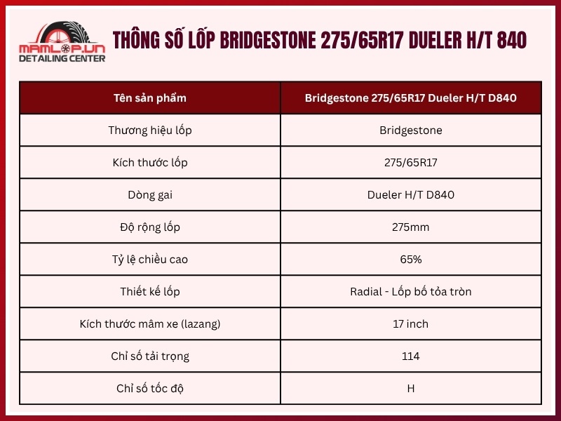 Thông số lốp Bridgestone 275/65R17 Dueler H/T 840