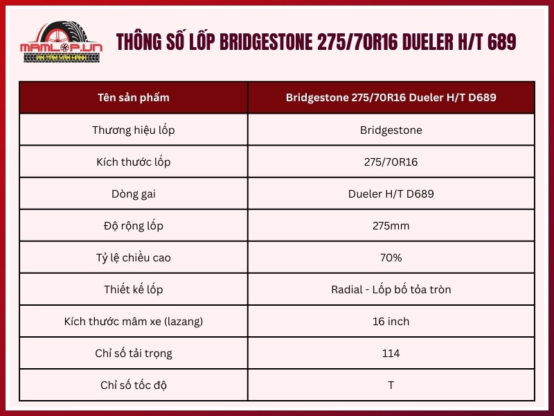 Thông số kỹ thuật vỏ Bridgestone 275/70R16 Dueler H/T 689