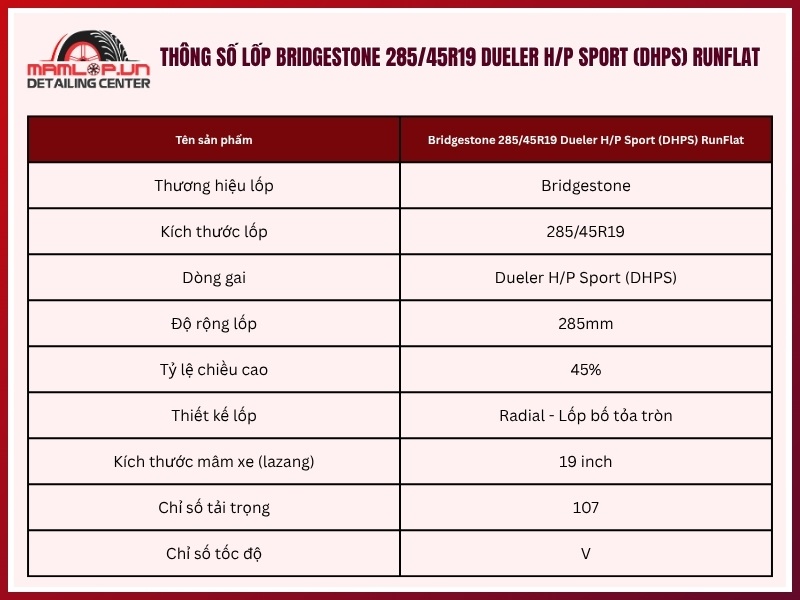 Thông số vỏ Bridgestone 285/45R19 Dueler H/P Sport (DHPS) RunFlat