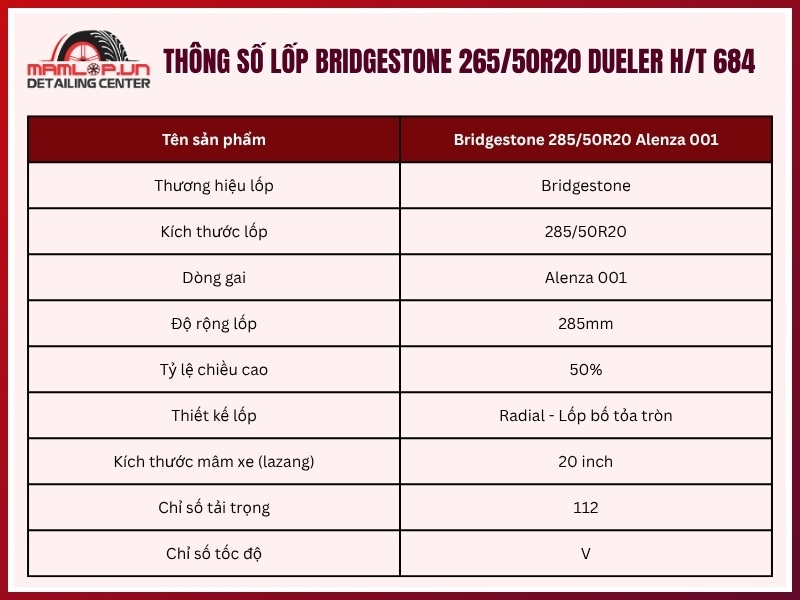 Thông số vỏ xe Bridgestone 285/50R20 Alenza 001