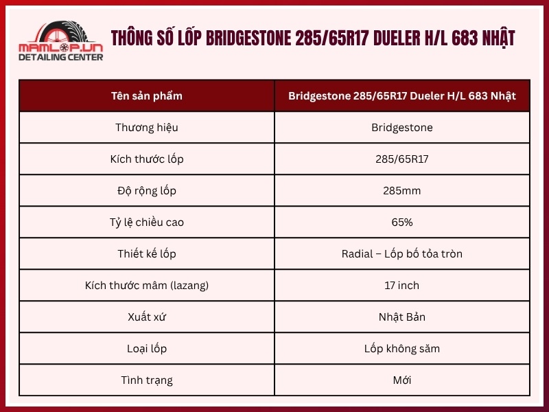 Thông số lốp Bridgestone 285/65R17 Dueler H/L 683 Nhật