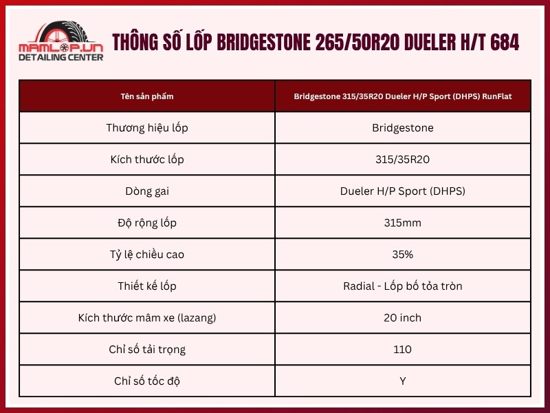 Thông số vỏ xe Bridgestone 315/35R20 Dueler H/P Sport (DHPS) RunFlat