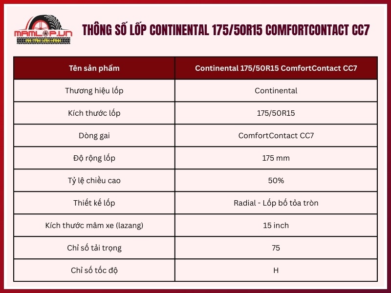 Thông số kỹ thuật vỏ xe Continental 175/50R15 ComfortContact CC7