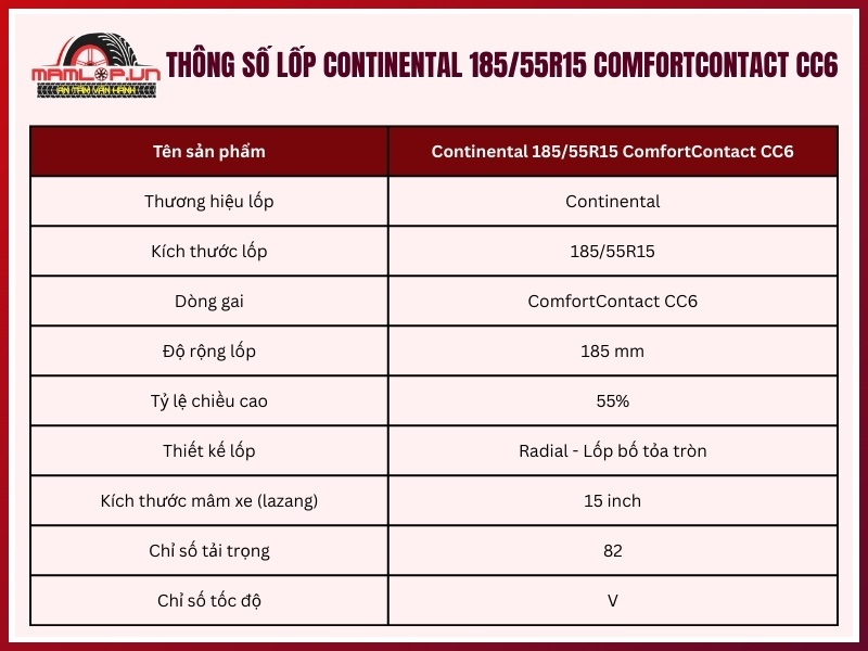 Thông số kỹ thuật vỏ xe ô tô Continental 185/55R15 ComfortContact CC6