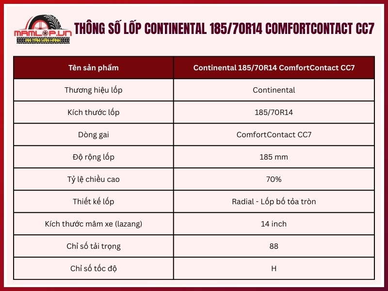 Lốp Continental 185/70R14 ComfortContact CC7 Thông số kỹ thuật lốp xe ô tô Continental 185/70R14 ComfortContact CC7