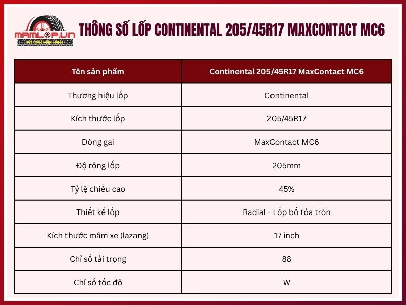 Thông số kỹ thuật lốp Continental 205/45R17 MaxContact MC6