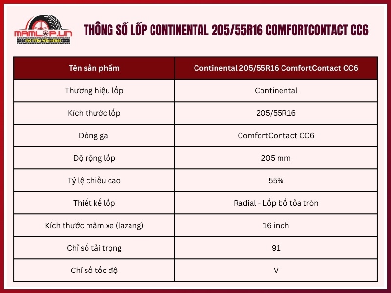 Thông số kỹ thuật vỏ xe Continental 205/55R16 ComfortContact CC6