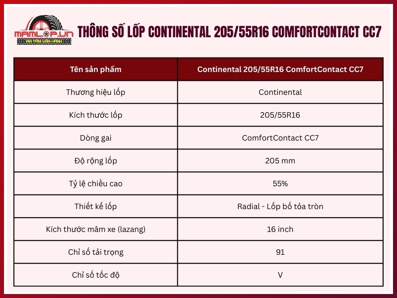 Thông số kỹ thuật vỏ xe Continental 205/55R16 ComfortContact CC7